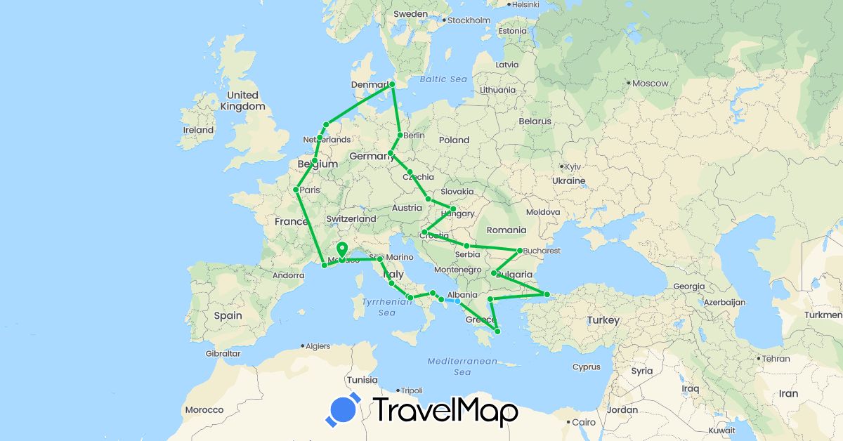TravelMap itinerary: bus, boat, hitchhiking in Albania, Austria, Belgium, Bulgaria, Czech Republic, Germany, Denmark, France, Greece, Croatia, Hungary, Italy, Netherlands, Romania, Serbia, Turkey (Asia, Europe)